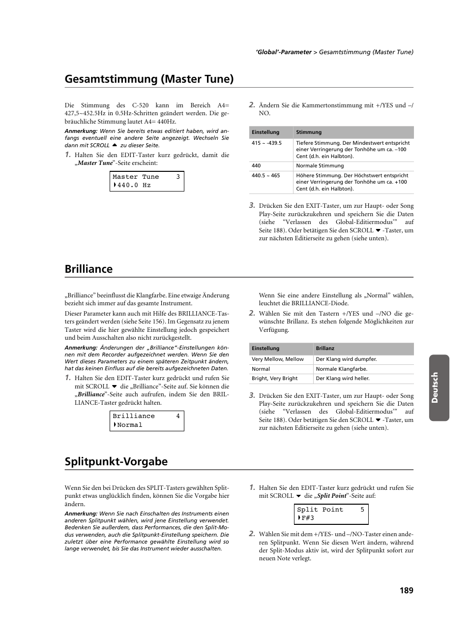 Gesamtstimmung (master tune), Brilliance, Splitpunkt-vorgabe | KORG C-520 User Manual | Page 191 / 298