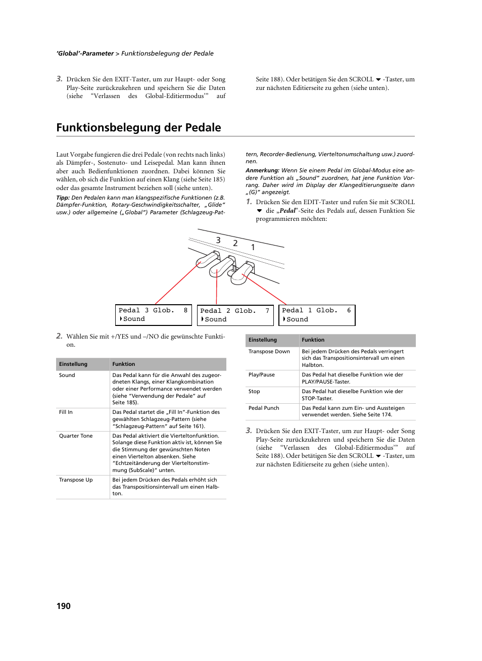 Funktionsbelegung der pedale | KORG C-520 User Manual | Page 192 / 298