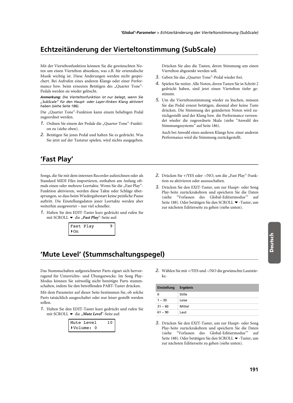 Echtzeitänderung der vierteltonstimmung (subscale), Fast play, Mute level’ (stummschaltungspegel) | KORG C-520 User Manual | Page 193 / 298