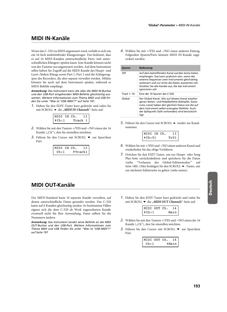 Midi in-kanäle, Midi out-kanäle, Midi in-kanäle midi out-kanäle | KORG C-520 User Manual | Page 195 / 298