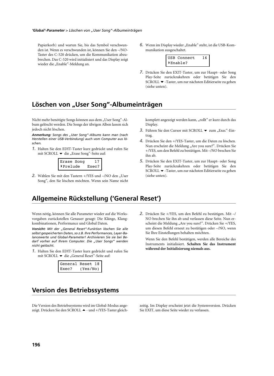 Löschen von „user song”-albumeinträgen, Allgemeine rückstellung (‘general reset’), Version des betriebssystems | KORG C-520 User Manual | Page 198 / 298