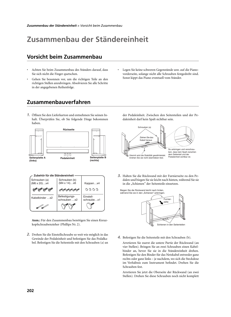 Zusammenbau der ständereinheit, Vorsicht beim zusammenbau, Zusammenbauverfahren | Vorsicht beim zusammenbau zusammenbauverfahren | KORG C-520 User Manual | Page 204 / 298