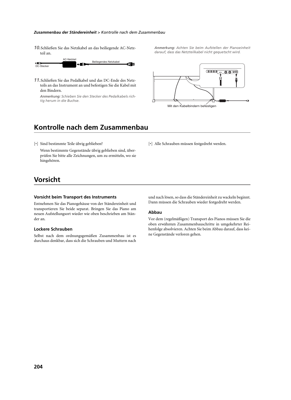 Kontrolle nach dem zusammenbau, Vorsicht, Vorsicht beim transport des instruments | Lockere schrauben, Abbau, Kontrolle nach dem zusammenbau vorsicht | KORG C-520 User Manual | Page 206 / 298