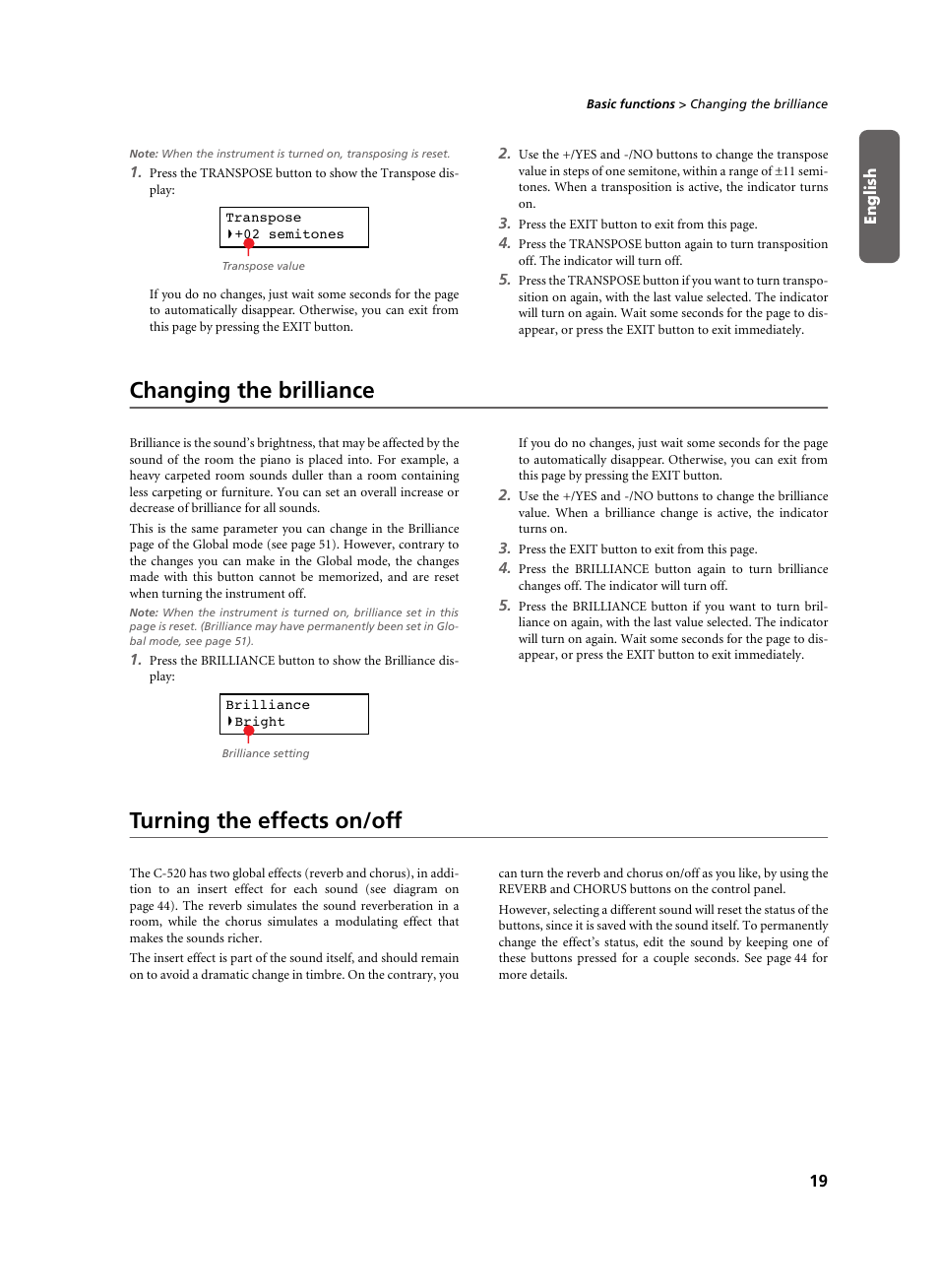 Changing the brilliance, Turning the effects on/off, Changing the brilliance turning the effects on/off | KORG C-520 User Manual | Page 21 / 298