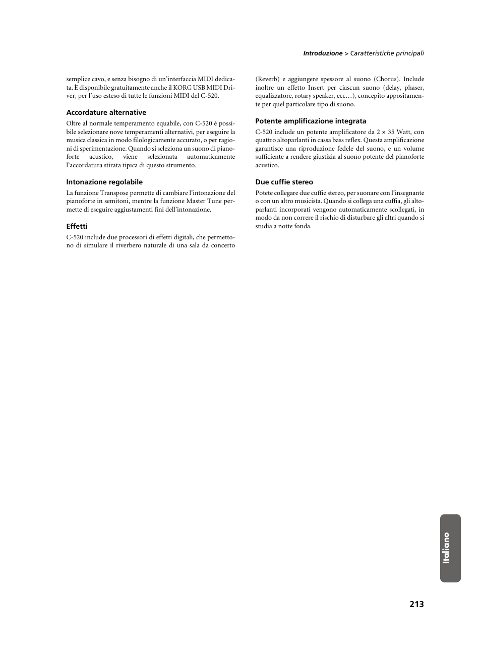 Accordature alternative, Intonazione regolabile, Effetti | Potente amplificazione integrata, Due cuffie stereo | KORG C-520 User Manual | Page 215 / 298