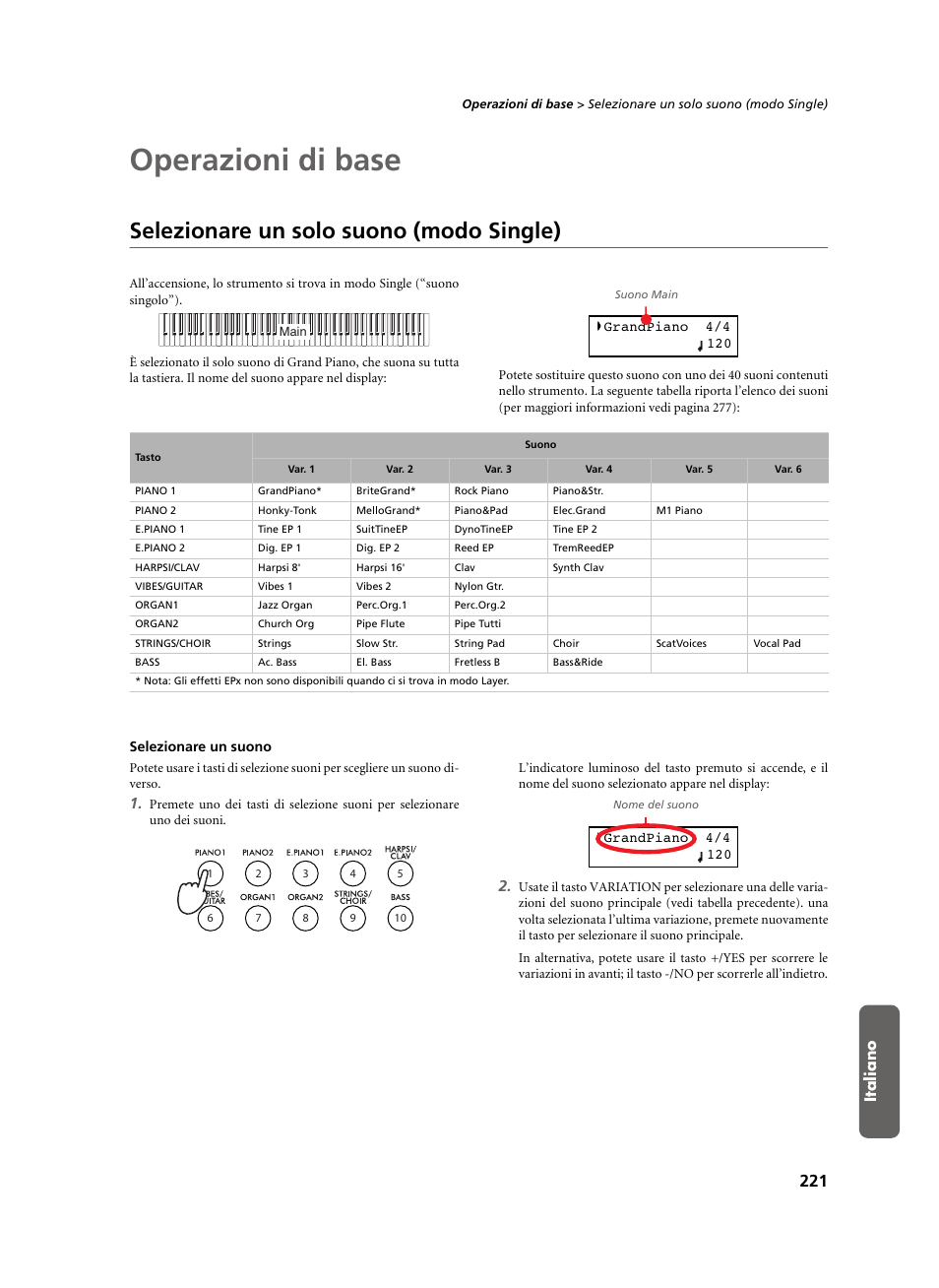 Operazioni di base, Selezionare un solo suono (modo single), Selezionare un suono | Italiano | KORG C-520 User Manual | Page 223 / 298