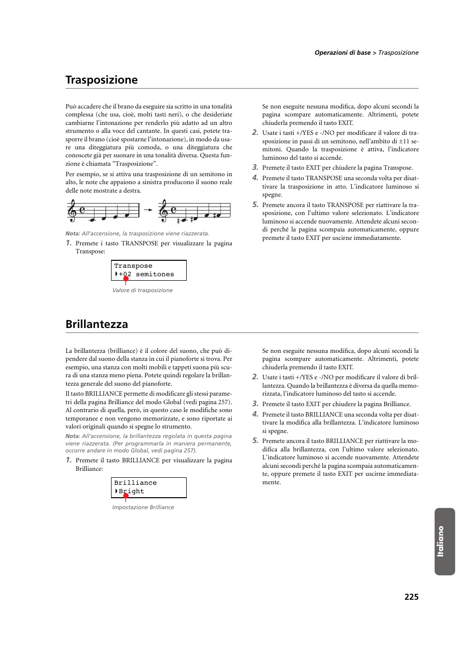 Trasposizione, Brillantezza, Trasposizione brillantezza | KORG C-520 User Manual | Page 227 / 298