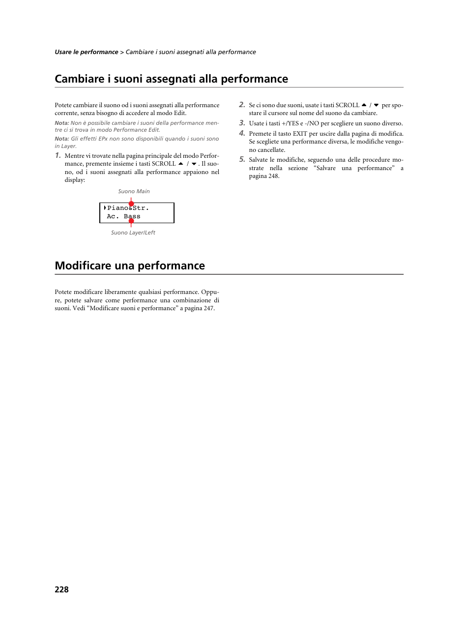 Cambiare i suoni assegnati alla performance, Modificare una performance | KORG C-520 User Manual | Page 230 / 298