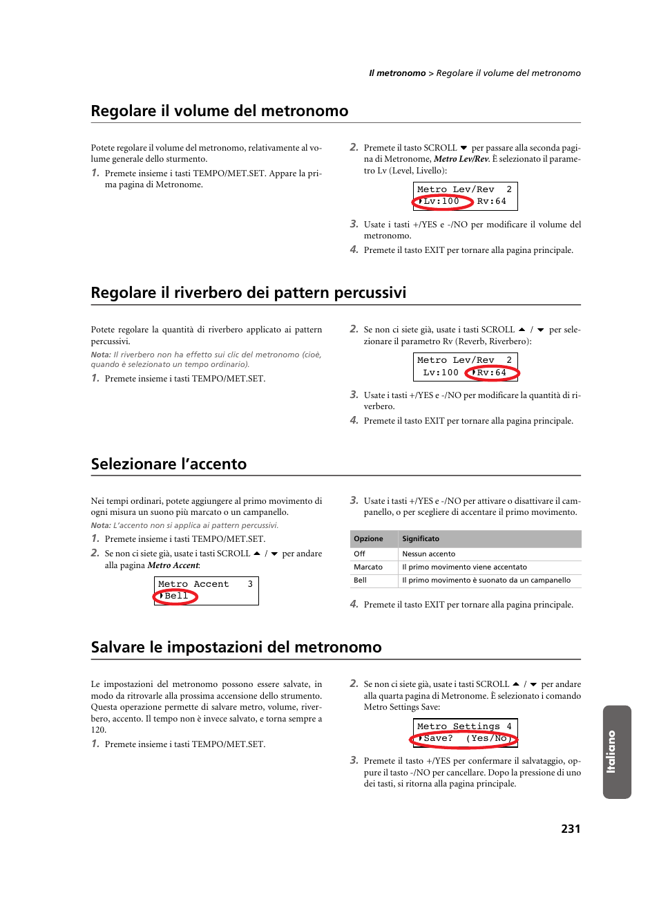 Regolare il volume del metronomo, Regolare il riverbero dei pattern percussivi, Selezionare l’accento | Salvare le impostazioni del metronomo | KORG C-520 User Manual | Page 233 / 298