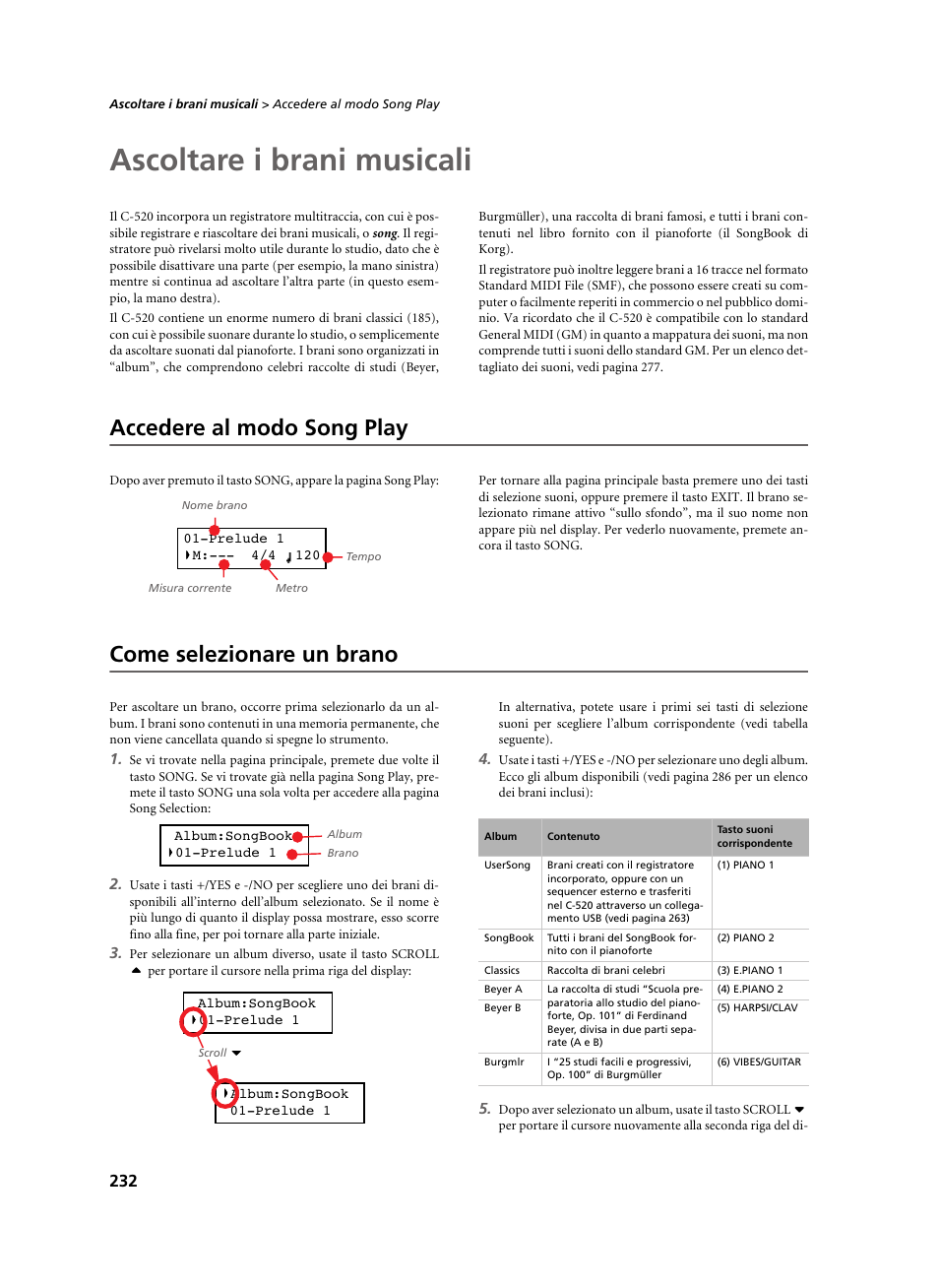 Ascoltare i brani musicali, Accedere al modo song play, Come selezionare un brano | KORG C-520 User Manual | Page 234 / 298