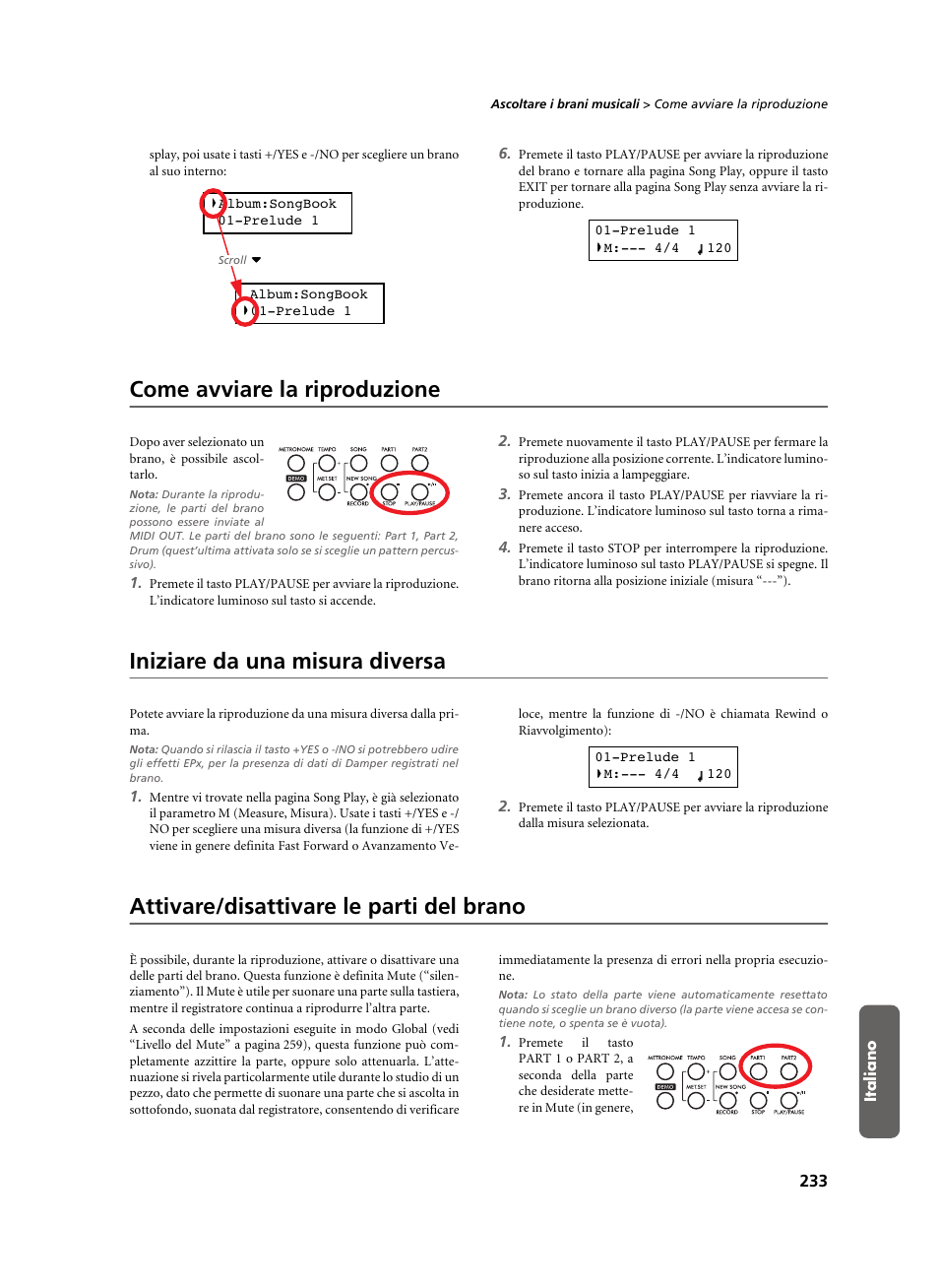 Come avviare la riproduzione, Iniziare da una misura diversa, Attivare/disattivare le parti del brano | KORG C-520 User Manual | Page 235 / 298