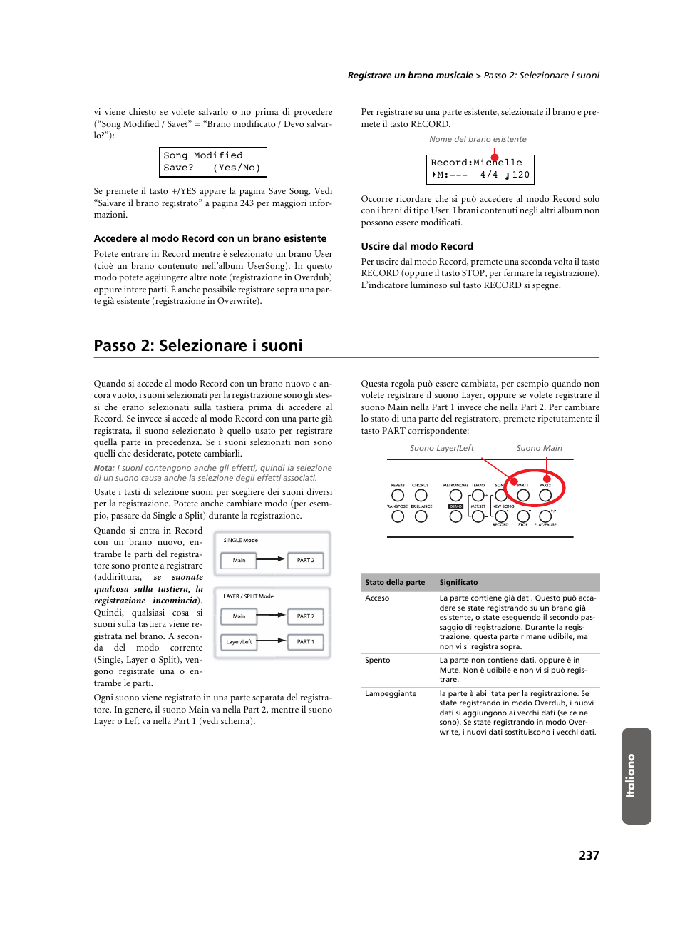 Accedere al modo record con un brano esistente, Uscire dal modo record, Passo 2: selezionare i suoni | KORG C-520 User Manual | Page 239 / 298