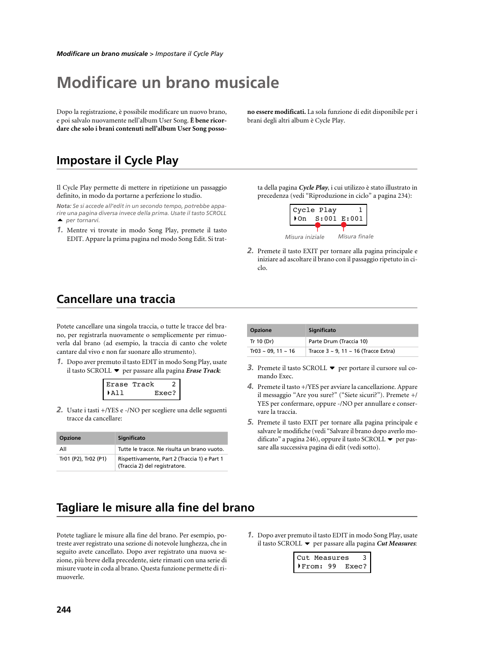 Modificare un brano musicale, Impostare il cycle play, Cancellare una traccia | Tagliare le misure alla fine del brano, 244) e glo | KORG C-520 User Manual | Page 246 / 298