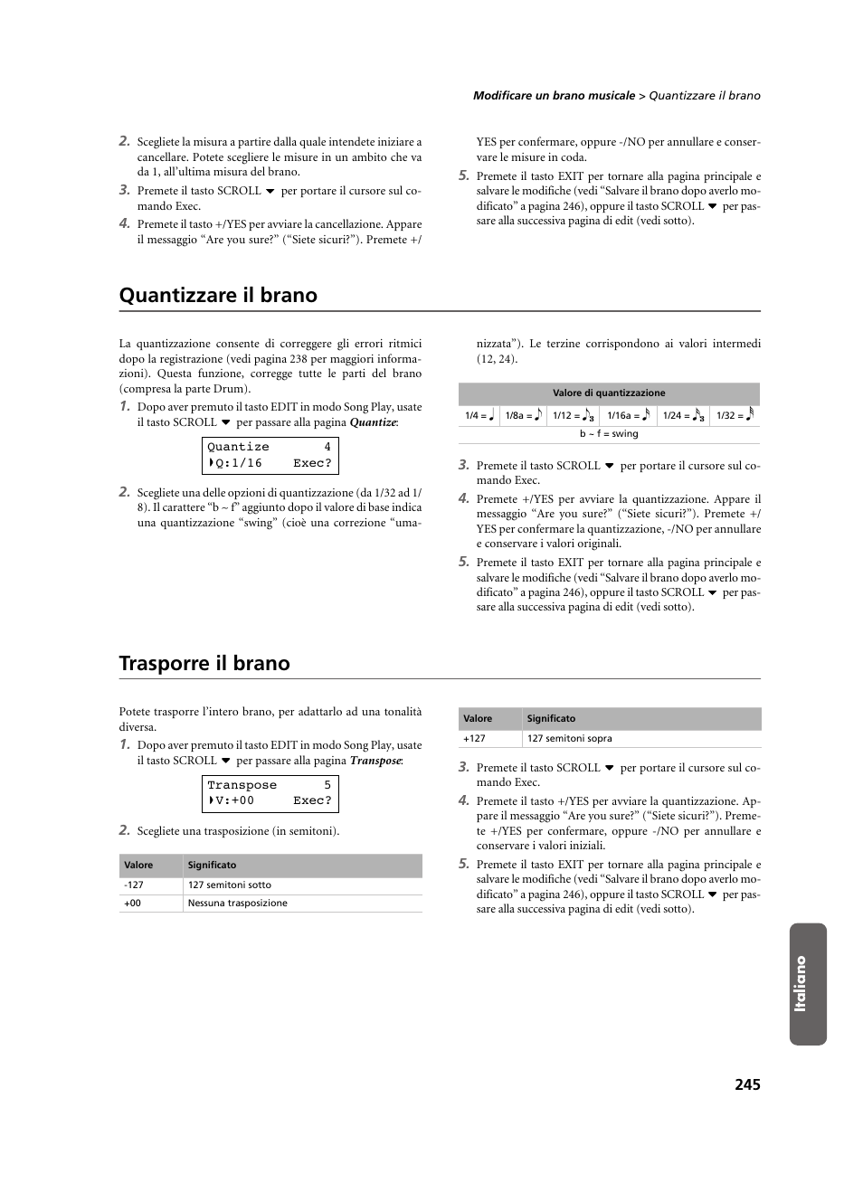 Quantizzare il brano, Trasporre il brano, Quantizzare il brano trasporre il brano | KORG C-520 User Manual | Page 247 / 298