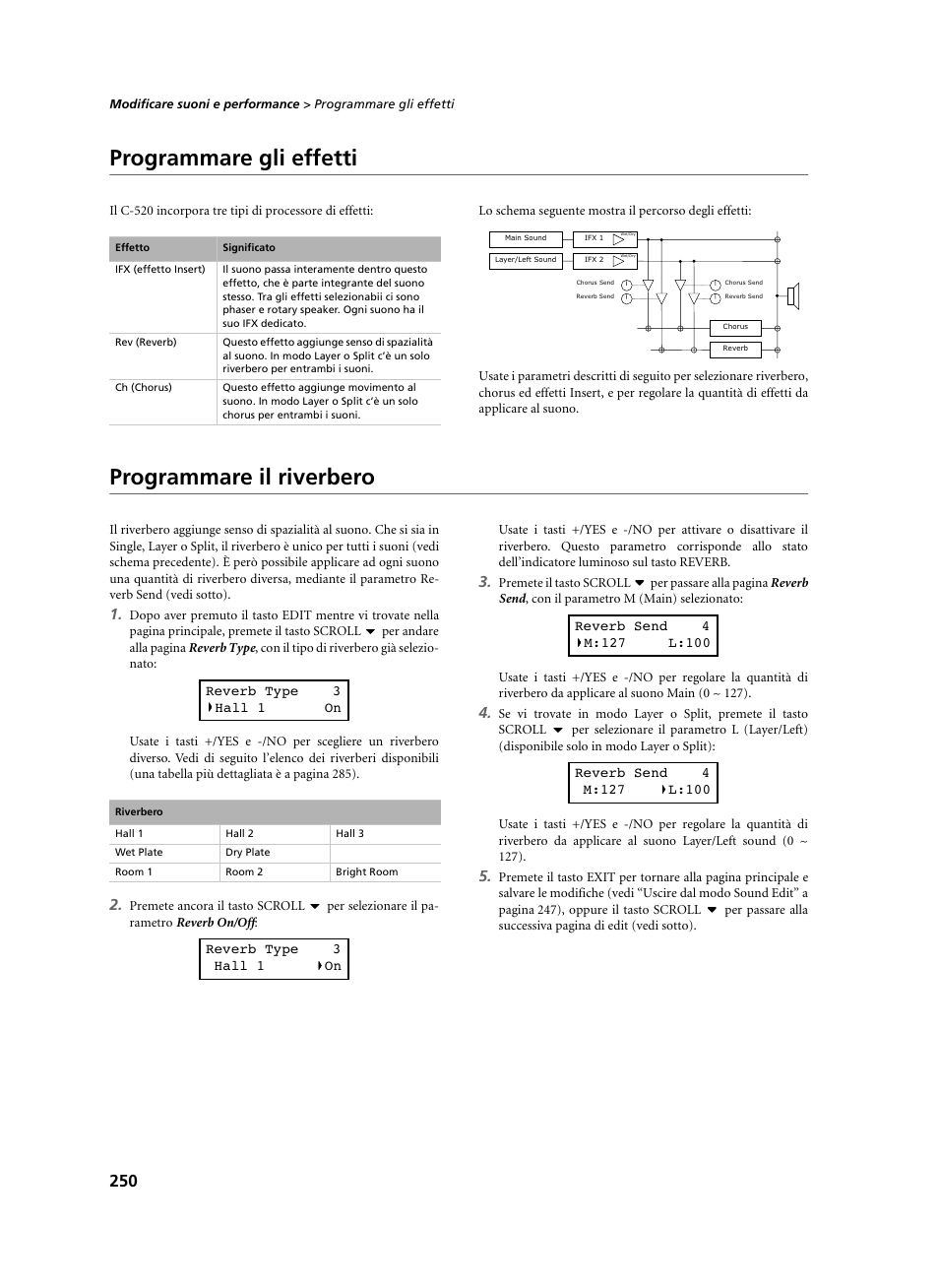 Programmare gli effetti, Programmare il riverbero, Programmare gli effetti programmare il riverbero | KORG C-520 User Manual | Page 252 / 298
