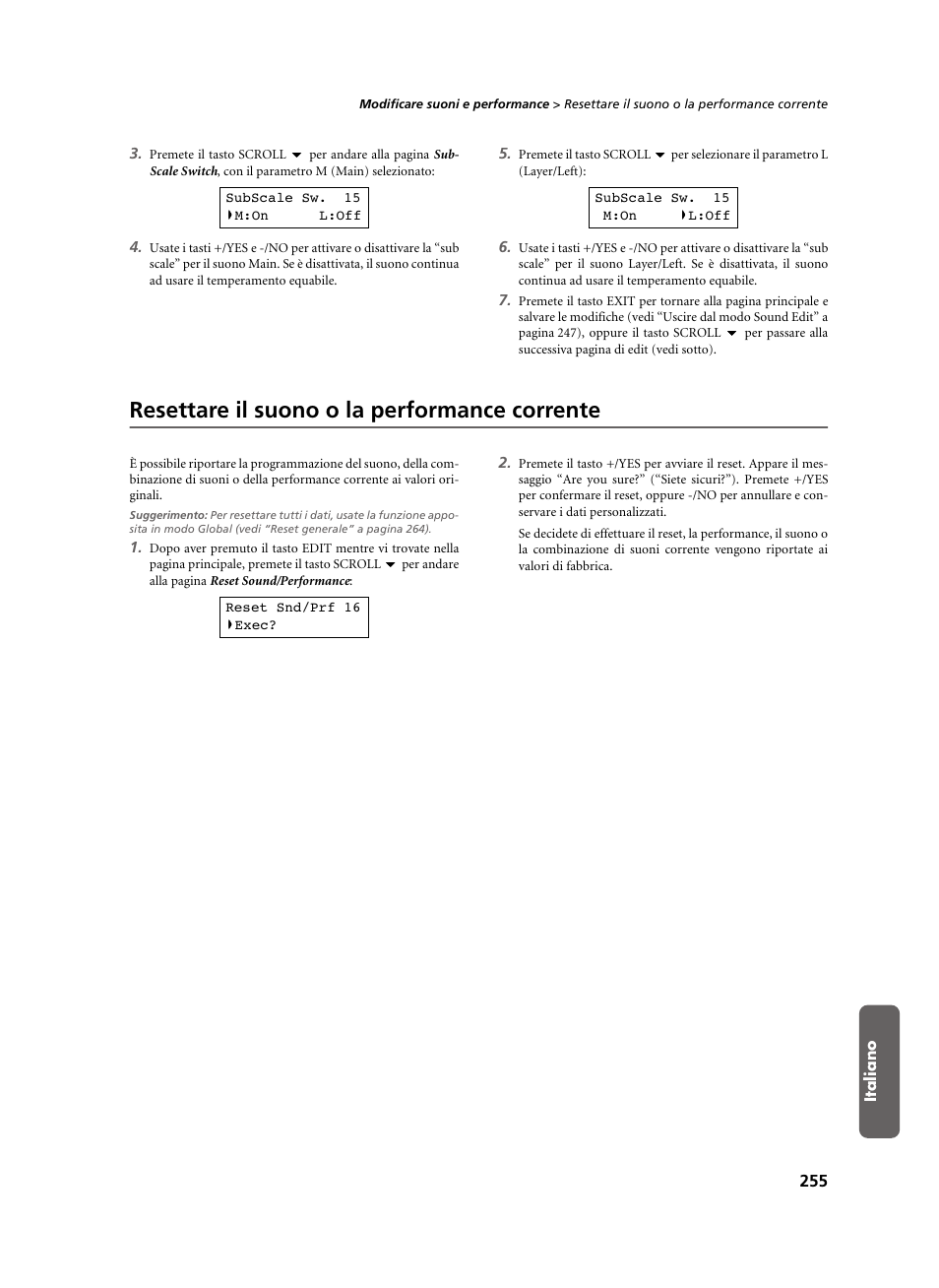 Resettare il suono o la performance corrente | KORG C-520 User Manual | Page 257 / 298