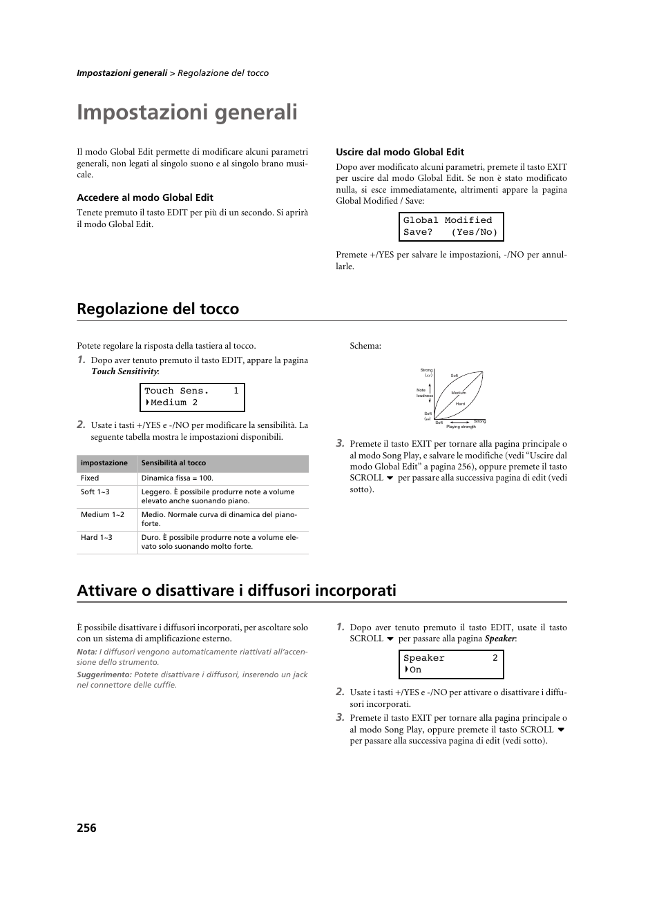 Impostazioni generali, Accedere al modo global edit, Uscire dal modo global edit | Regolazione del tocco, Attivare o disattivare i diffusori incorporati | KORG C-520 User Manual | Page 258 / 298