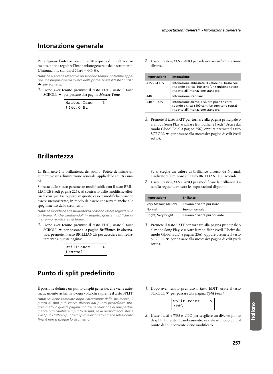 Intonazione generale, Brillantezza, Punto di split predefinito | KORG C-520 User Manual | Page 259 / 298