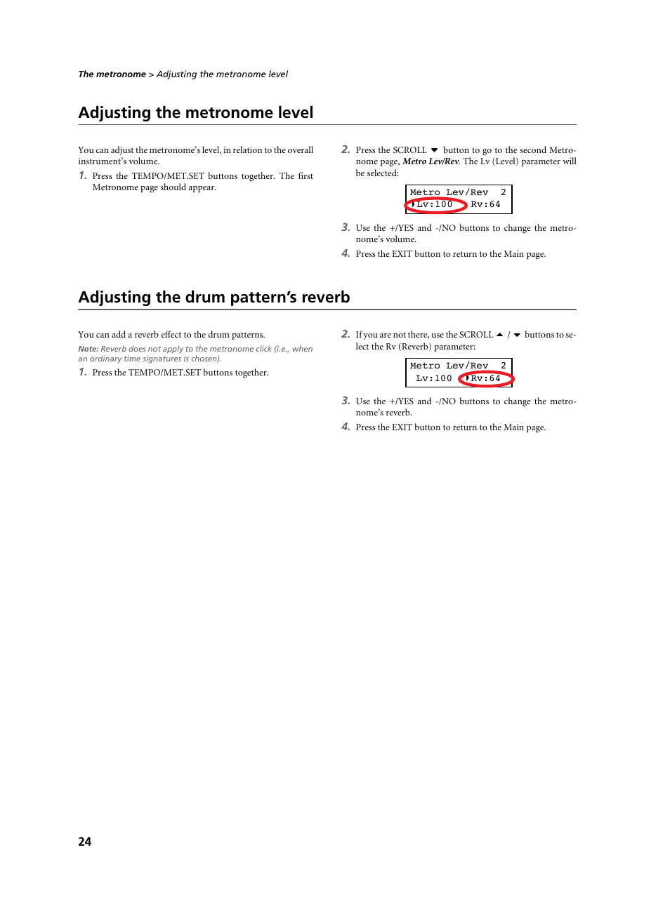 Adjusting the metronome level, Adjusting the drum pattern’s reverb | KORG C-520 User Manual | Page 26 / 298