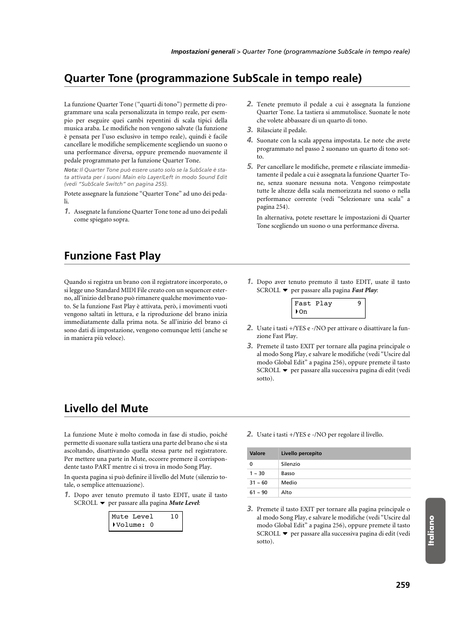 Funzione fast play, Livello del mute | KORG C-520 User Manual | Page 261 / 298