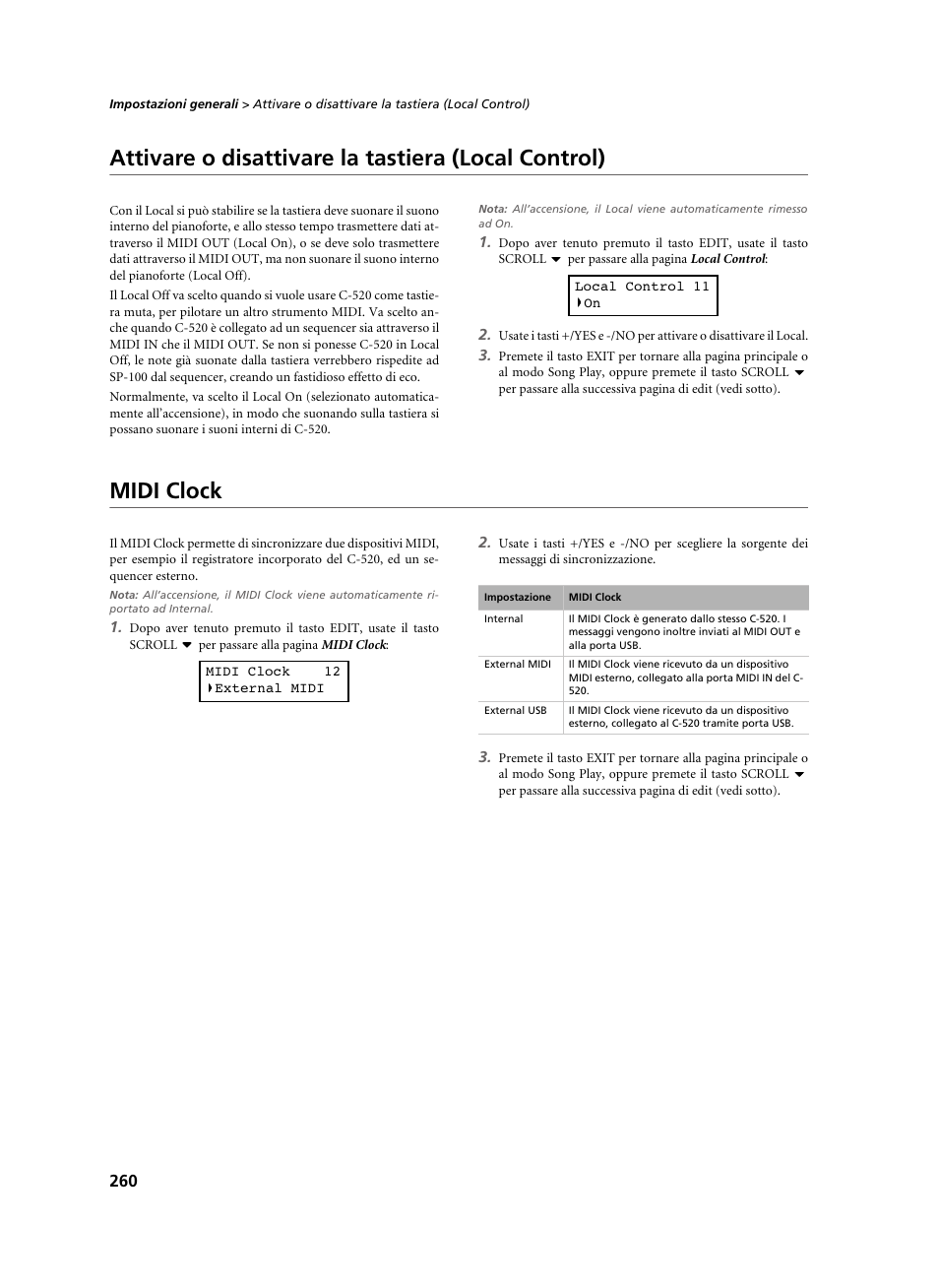 Attivare o disattivare la tastiera (local control), Midi clock | KORG C-520 User Manual | Page 262 / 298