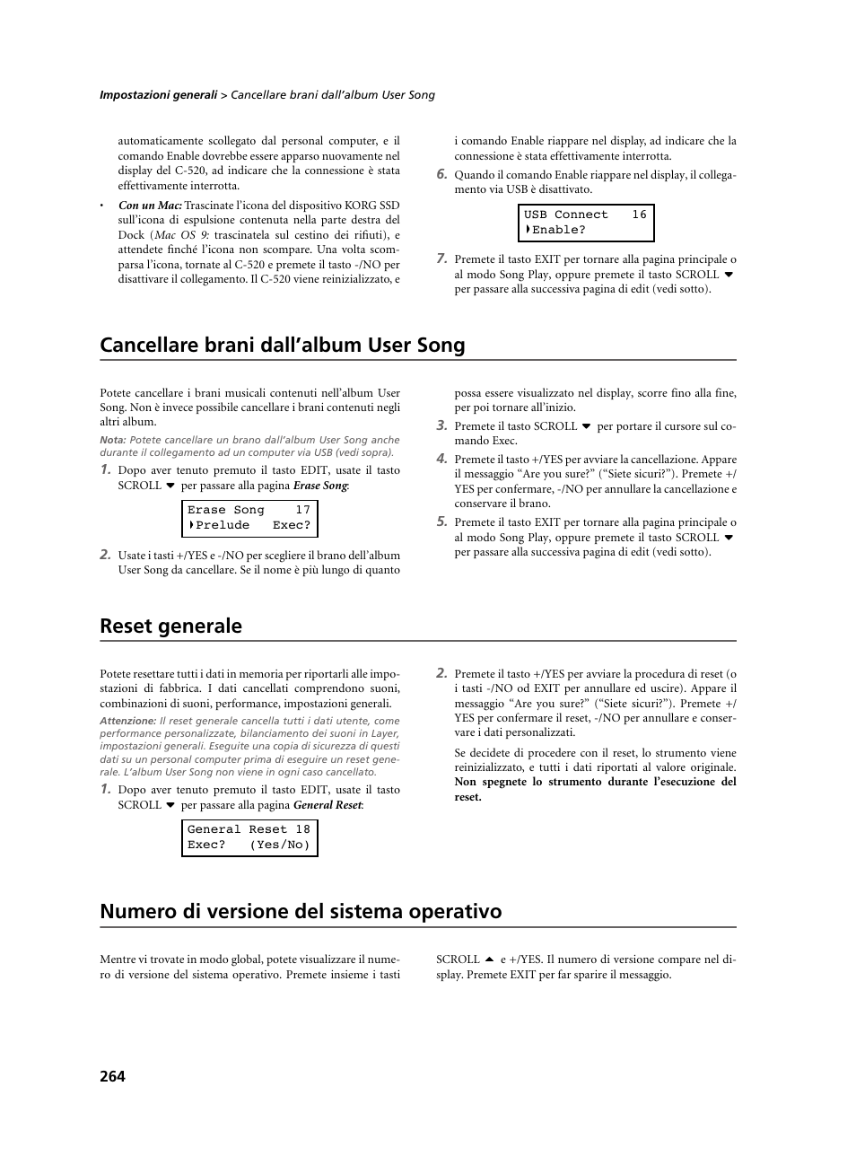 Cancellare brani dall’album user song, Reset generale, Numero di versione del sistema operativo | KORG C-520 User Manual | Page 266 / 298