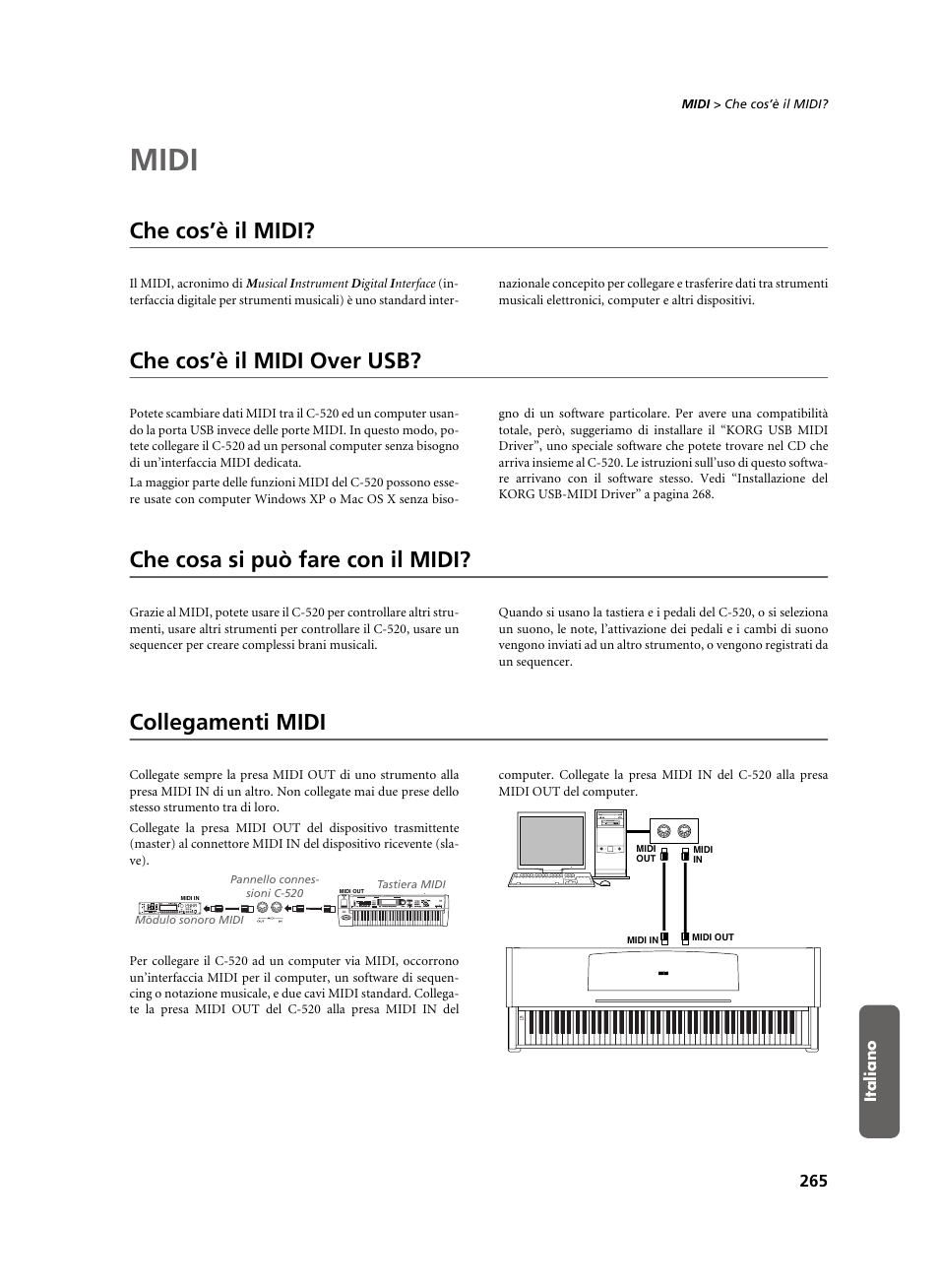 Midi, Che cos’è il midi, Che cos’è il midi over usb | Che cosa si può fare con il midi, Collegamenti midi | KORG C-520 User Manual | Page 267 / 298