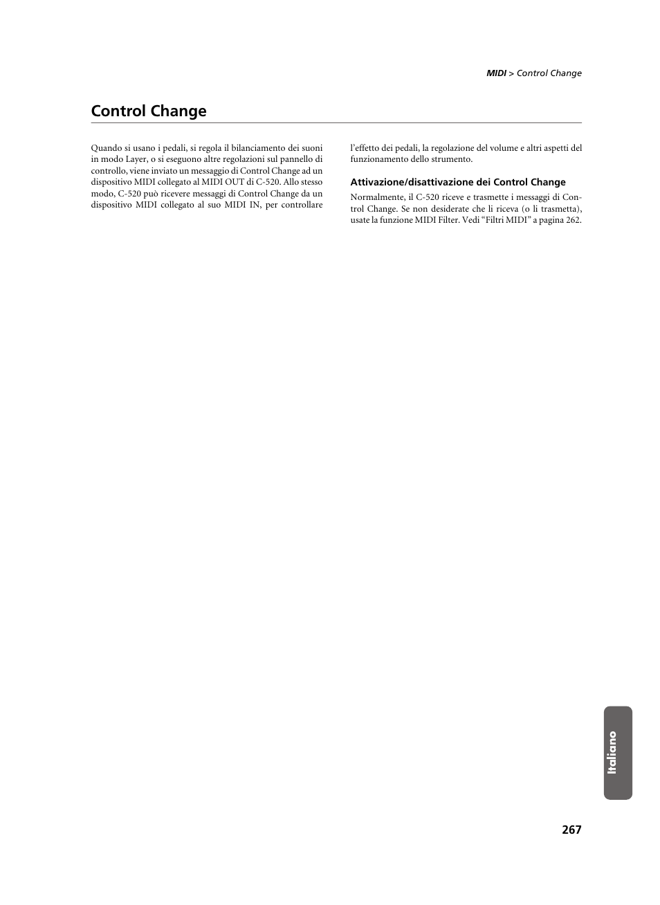 Control change, Attivazione/disattivazione dei control change | KORG C-520 User Manual | Page 269 / 298