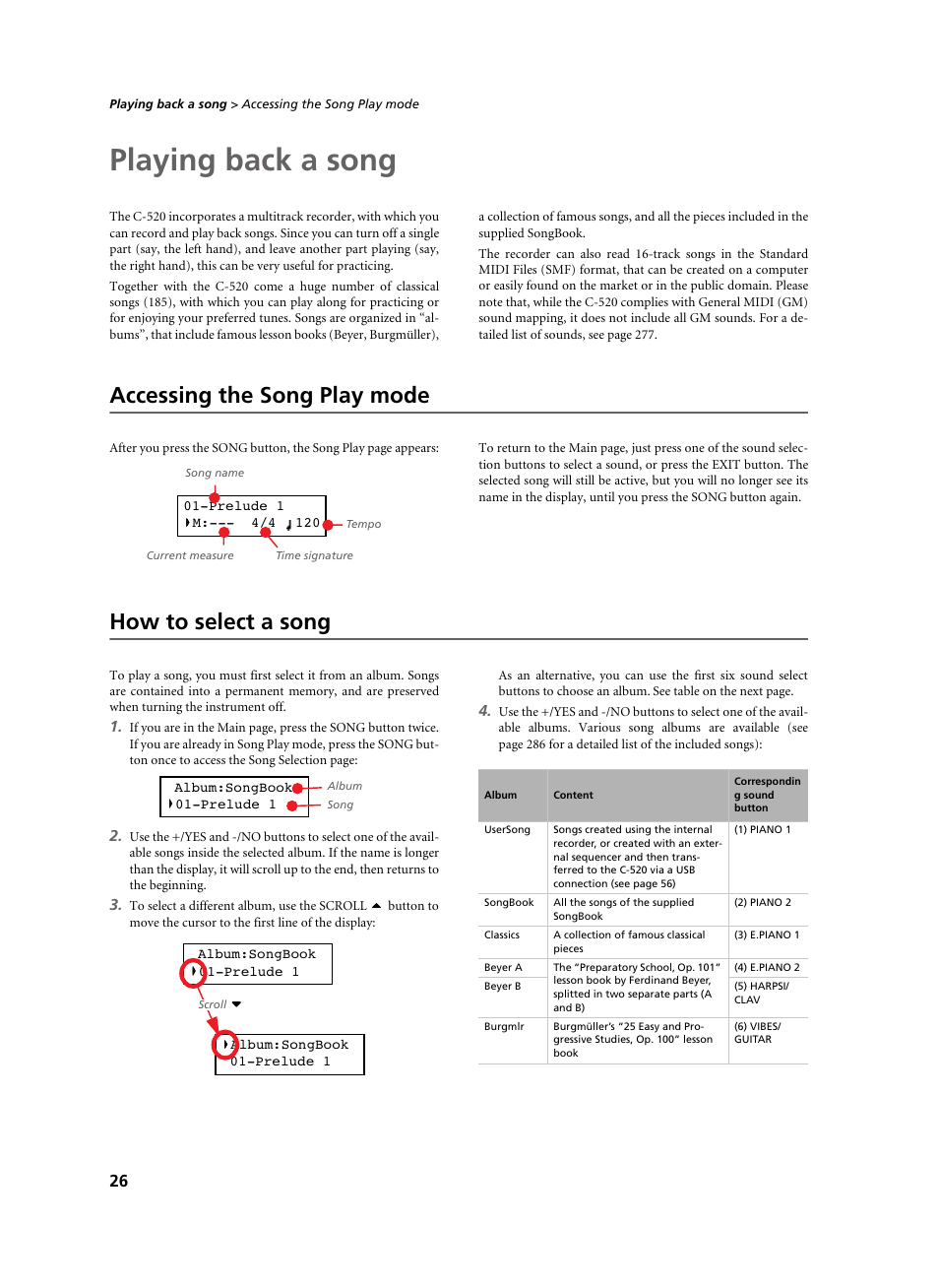 Playing back a song, Accessing the song play mode, How to select a song | Accessing the song play mode how to select a song | KORG C-520 User Manual | Page 28 / 298