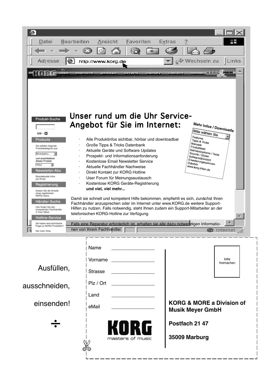 Unser rund um die uhr service, Ausfüllen, ausschneiden, einsenden | KORG C-520 User Manual | Page 293 / 298