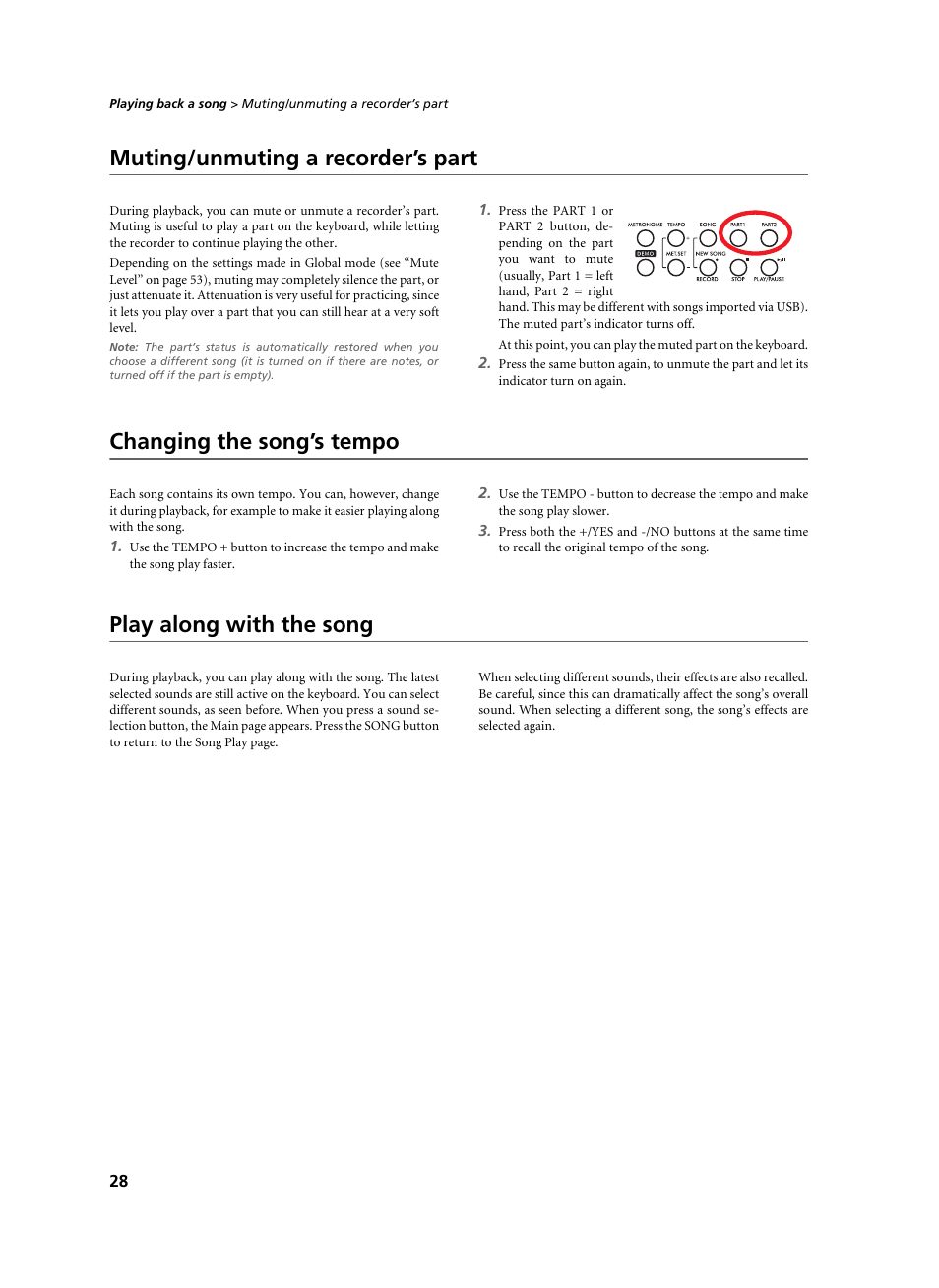 Muting/unmuting a recorder’s part, Changing the song’s tempo, Play along with the song | KORG C-520 User Manual | Page 30 / 298