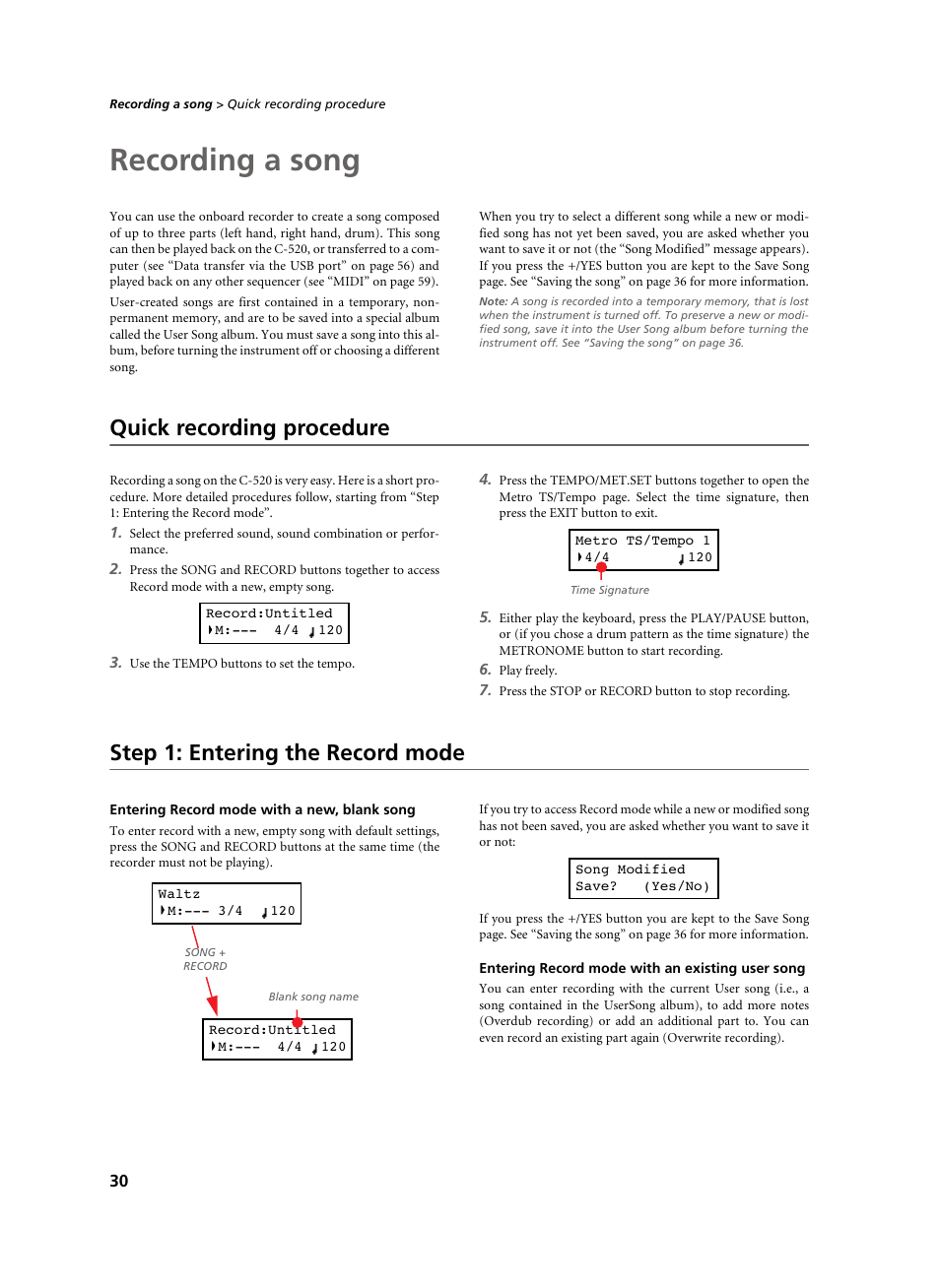 Recording a song, Quick recording procedure, Step 1: entering the record mode | Entering record mode with a new, blank song, Entering record mode with an existing user song | KORG C-520 User Manual | Page 32 / 298