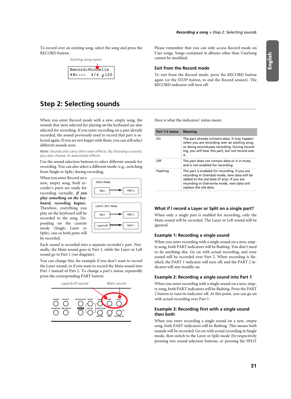 Exit from the record mode, Step 2: selecting sounds, What if i record a layer or split on a single part | Example 1: recording a single sound, Example 2: recording a single sound into part 1 | KORG C-520 User Manual | Page 33 / 298