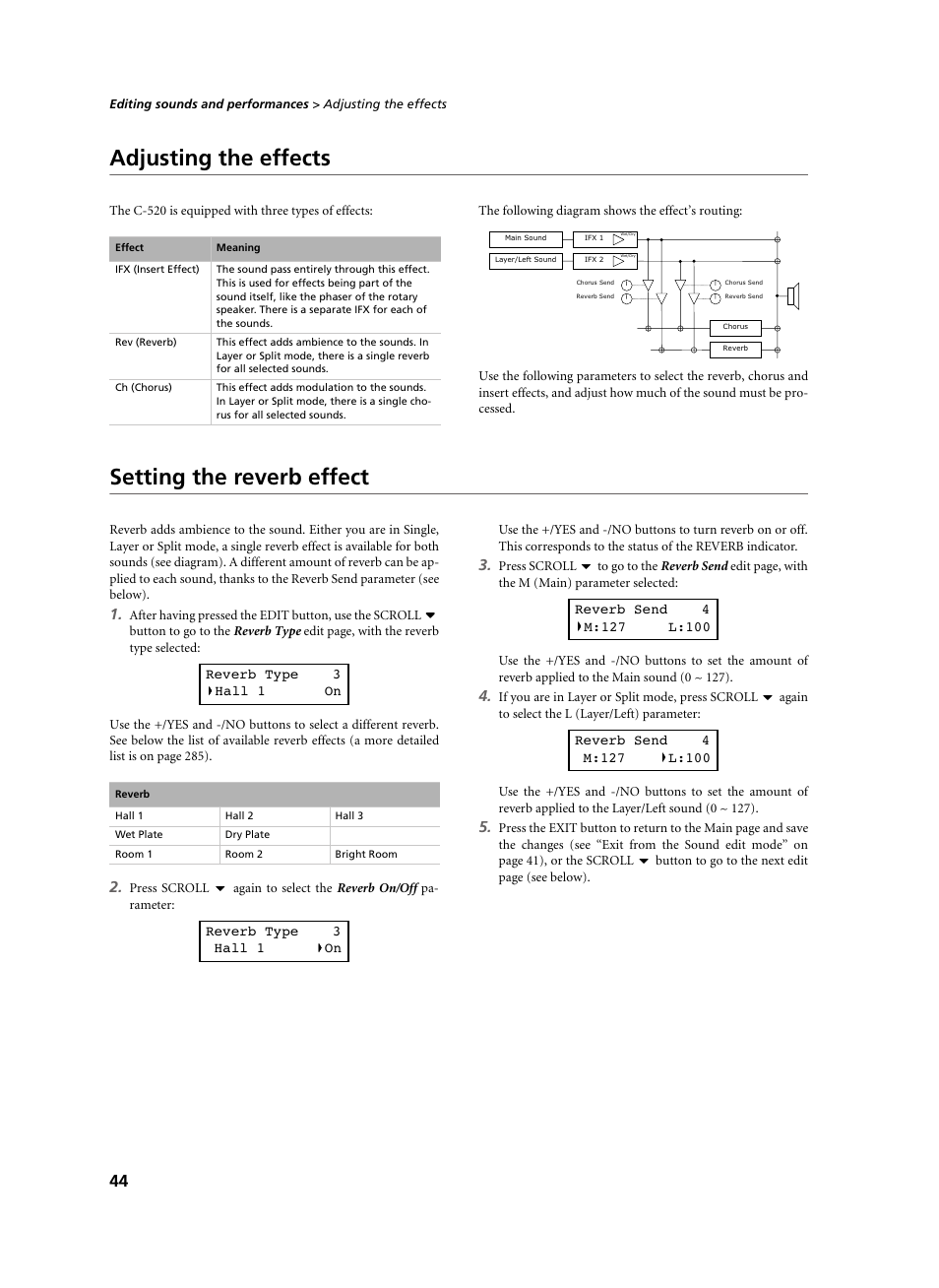 Adjusting the effects, Setting the reverb effect, Adjusting the effects setting the reverb effect | KORG C-520 User Manual | Page 46 / 298