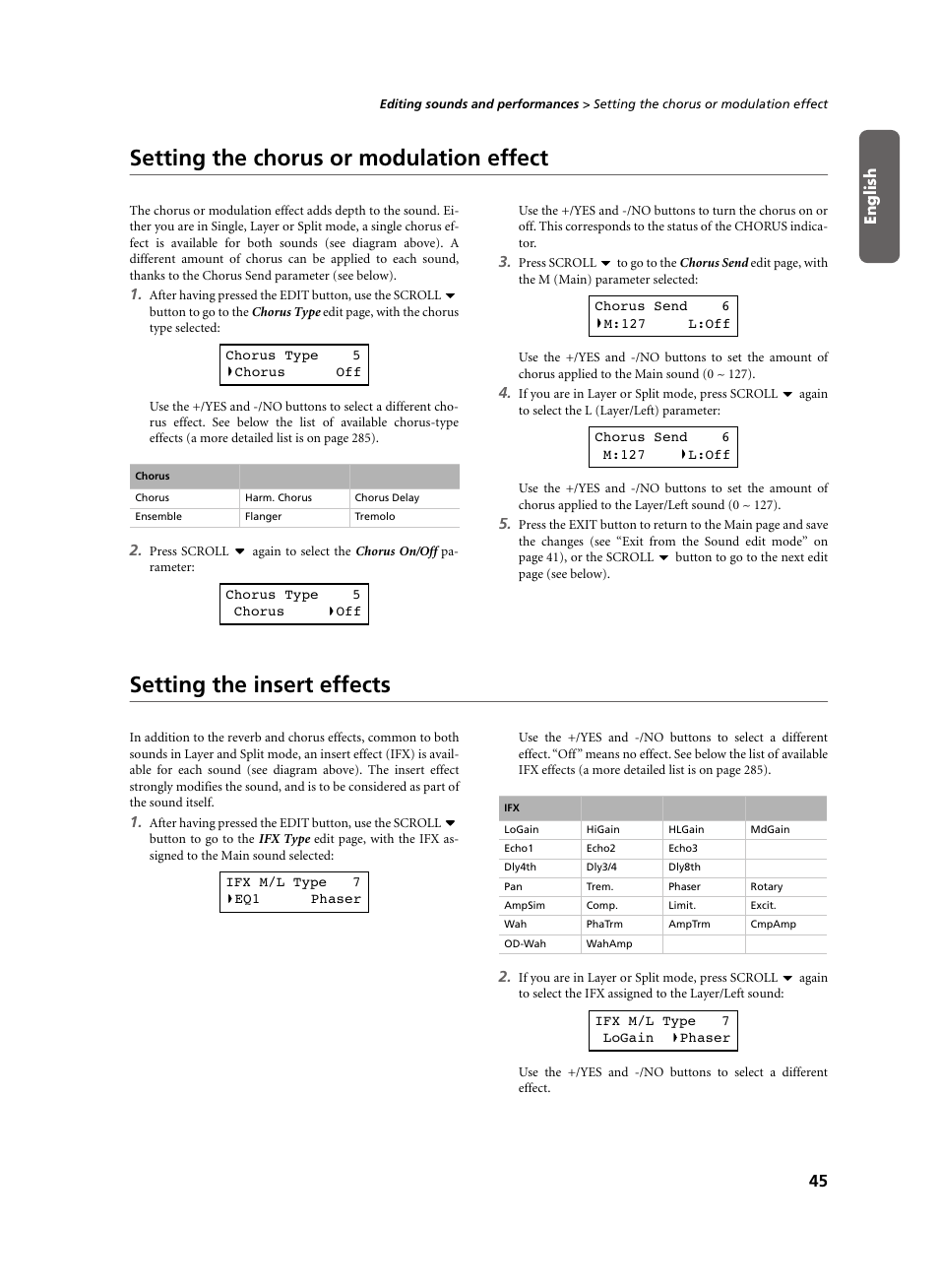 Setting the chorus or modulation effect, Setting the insert effects | KORG C-520 User Manual | Page 47 / 298