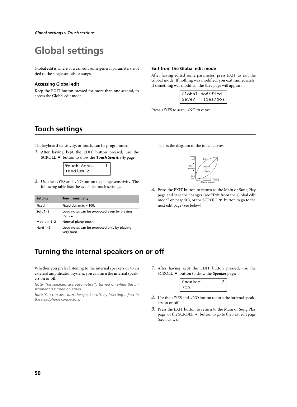 Global settings, Accessing global edit, Exit from the global edit mode | Touch settings, Turning the internal speakers on or off | KORG C-520 User Manual | Page 52 / 298