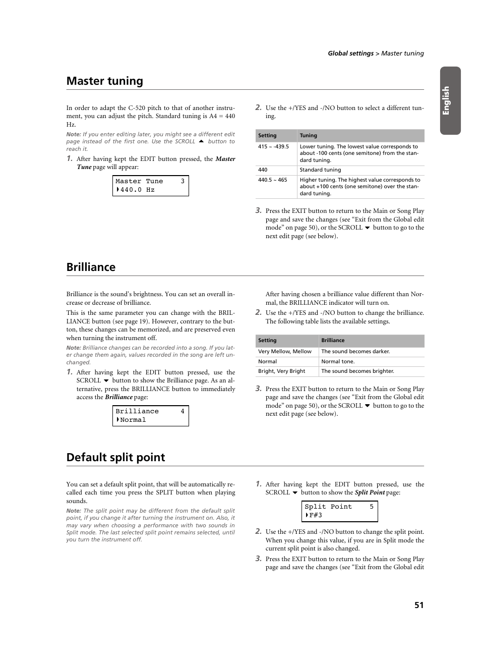 Master tuning, Brilliance, Default split point | Master tuning brilliance default split point | KORG C-520 User Manual | Page 53 / 298