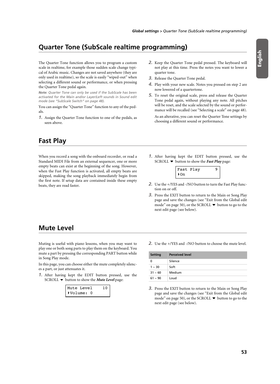Quarter tone (subscale realtime programming), Fast play, Mute level | KORG C-520 User Manual | Page 55 / 298