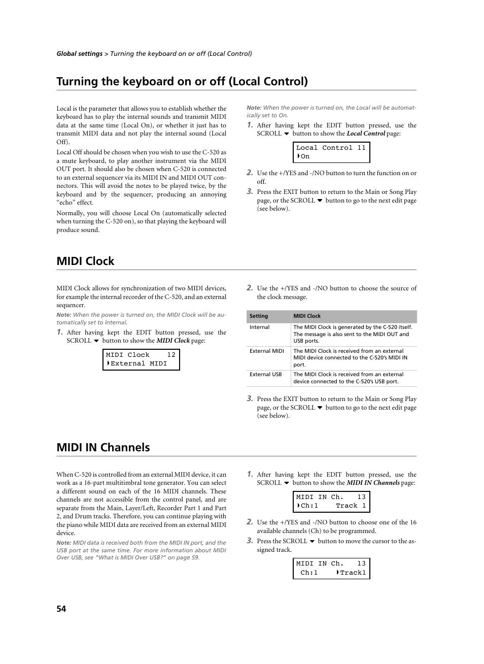 Turning the keyboard on or off (local control), Midi clock, Midi in channels | KORG C-520 User Manual | Page 56 / 298