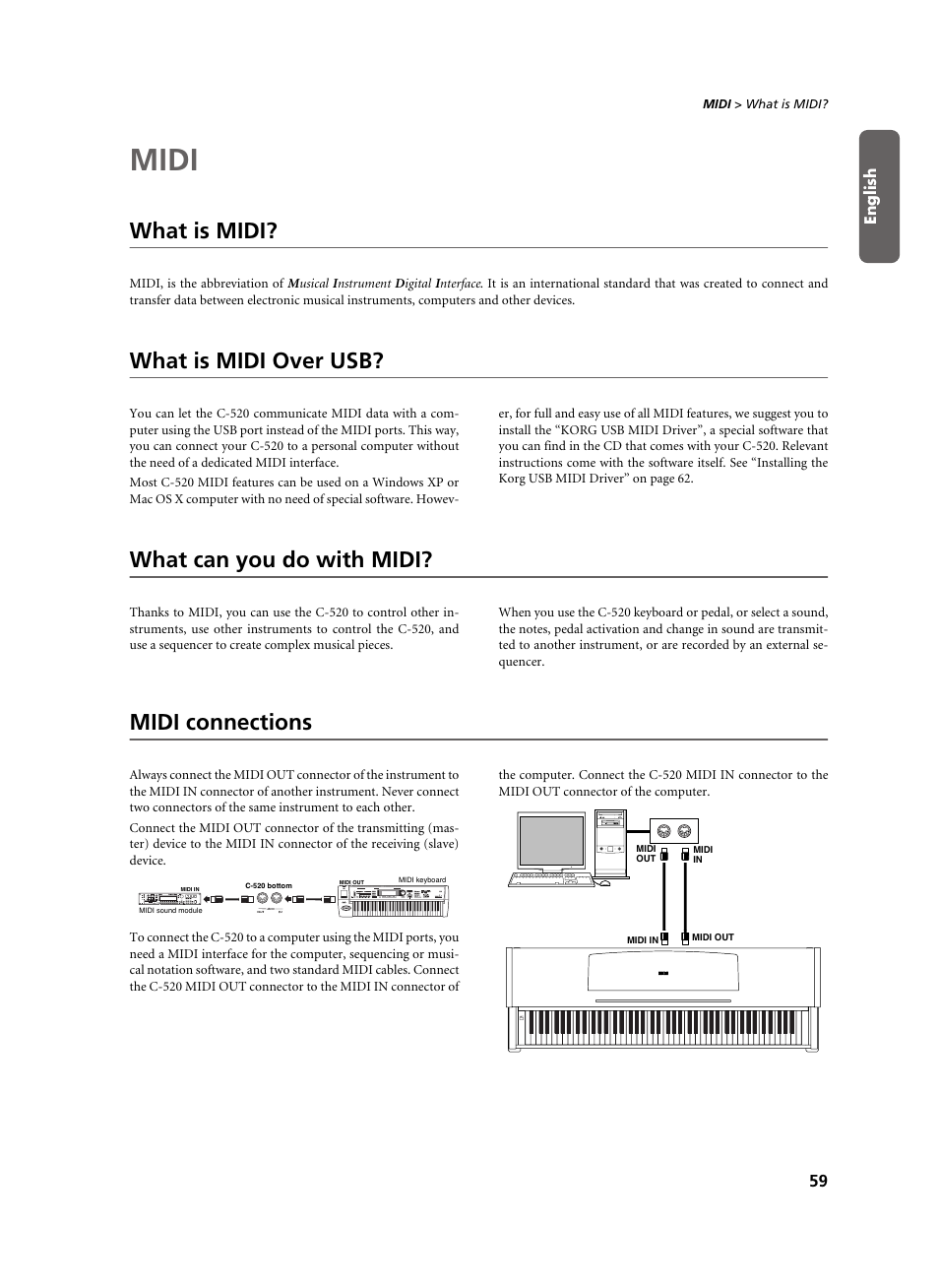 Midi, What is midi, What is midi over usb | What can you do with midi, Midi connections | KORG C-520 User Manual | Page 61 / 298
