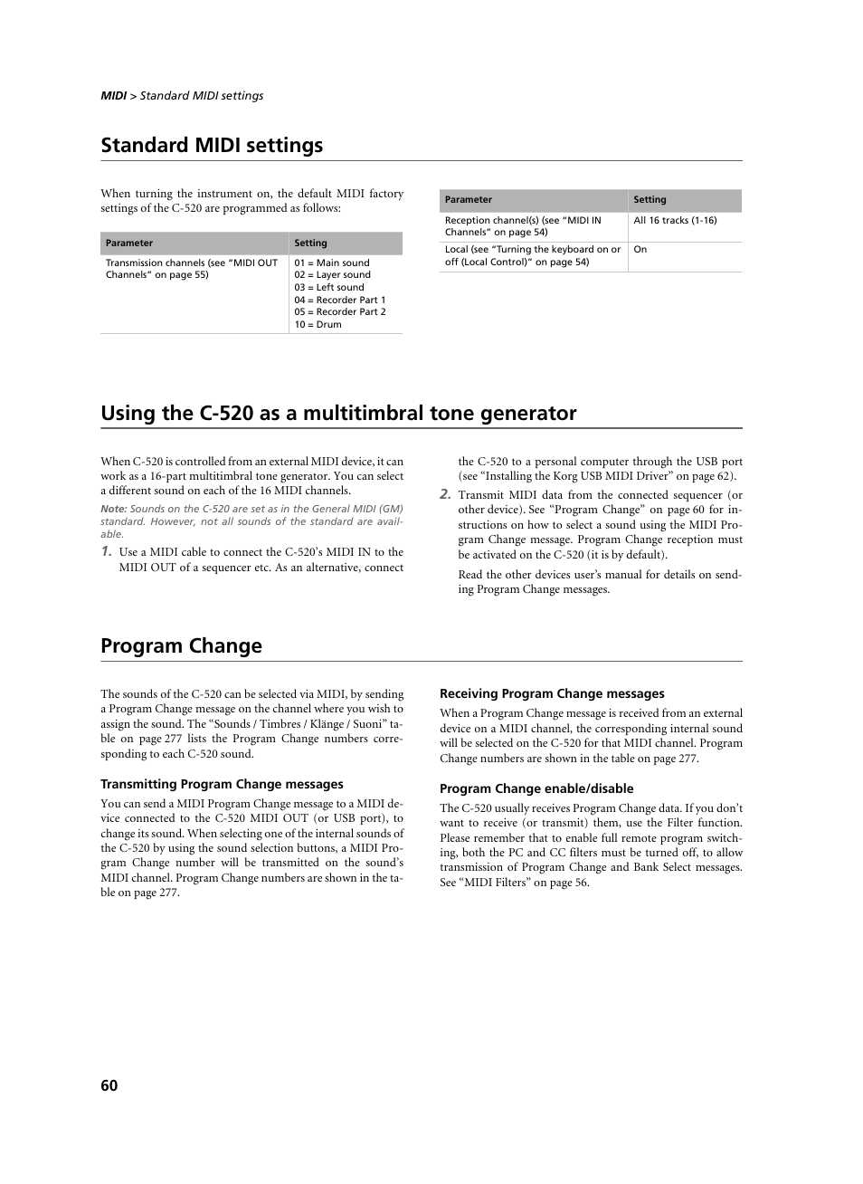 Standard midi settings, Using the c-520 as a multitimbral tone generator, Program change | Transmitting program change messages, Receiving program change messages, Program change enable/disable | KORG C-520 User Manual | Page 62 / 298