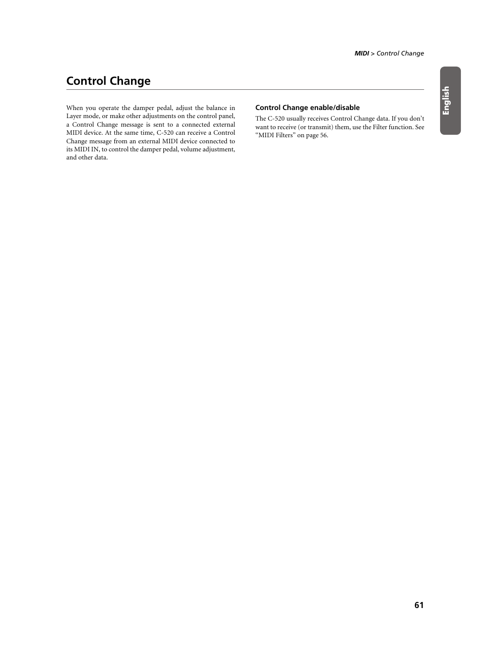 Control change, Control change enable/disable | KORG C-520 User Manual | Page 63 / 298