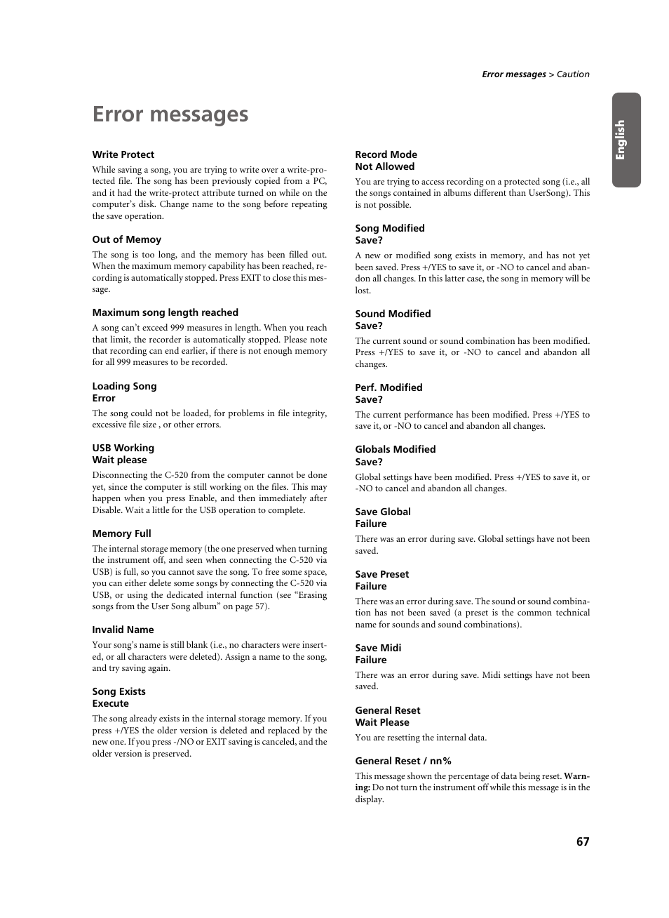 Error messages, Write protect, Out of memoy | Maximum song length reached, Loading song error, Usb working wait please, Memory full, Invalid name, Song exists execute, Record mode not allowed | KORG C-520 User Manual | Page 69 / 298