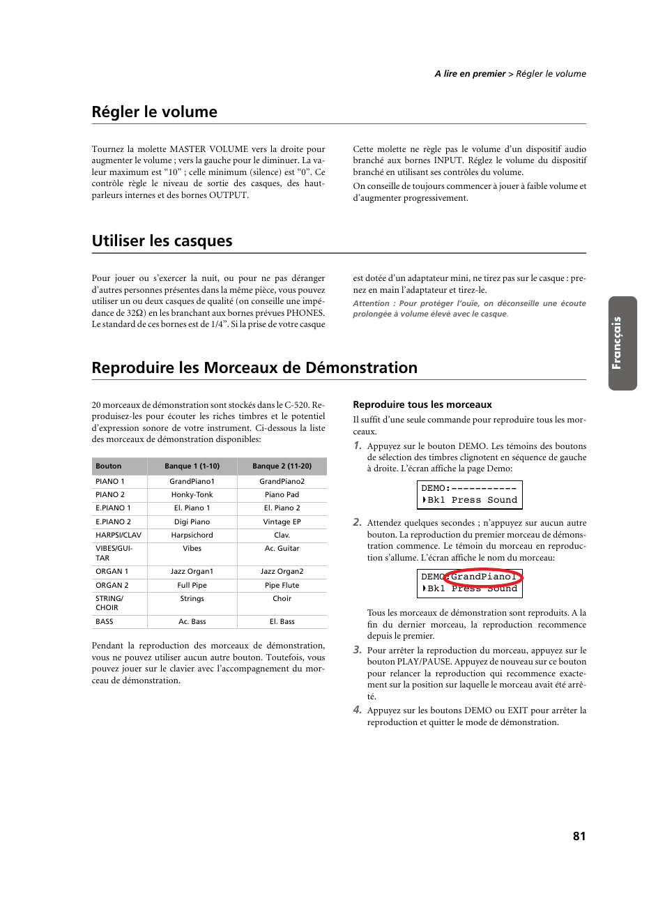 Régler le volume, Utiliser les casques, Reproduire les morceaux de démonstration | Reproduire tous les morceaux | KORG C-520 User Manual | Page 83 / 298