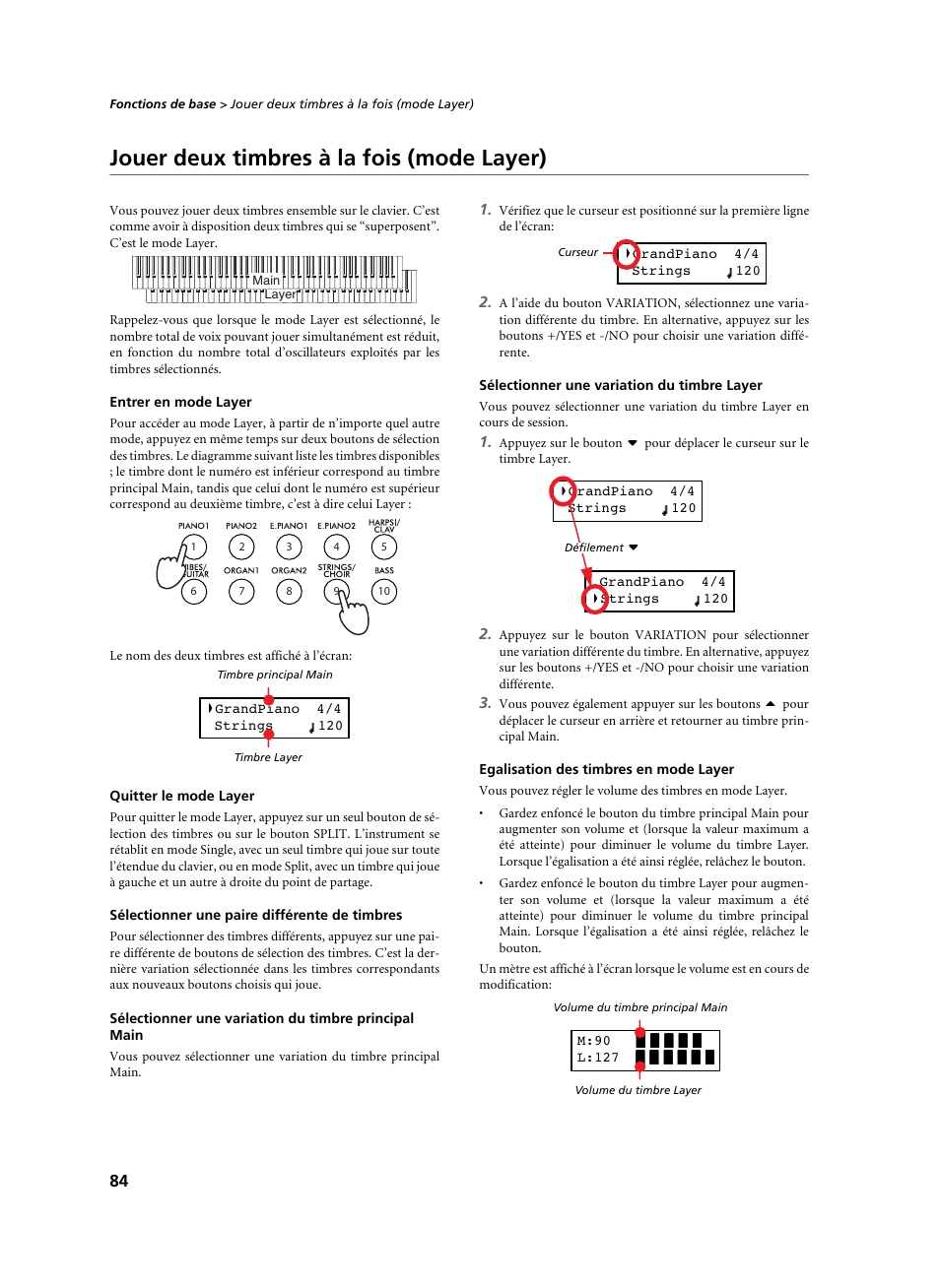 Jouer deux timbres à la fois (mode layer), Entrer en mode layer, Quitter le mode layer | Sélectionner une paire différente de timbres, Sélectionner une variation du timbre layer, Egalisation des timbres en mode layer | KORG C-520 User Manual | Page 86 / 298