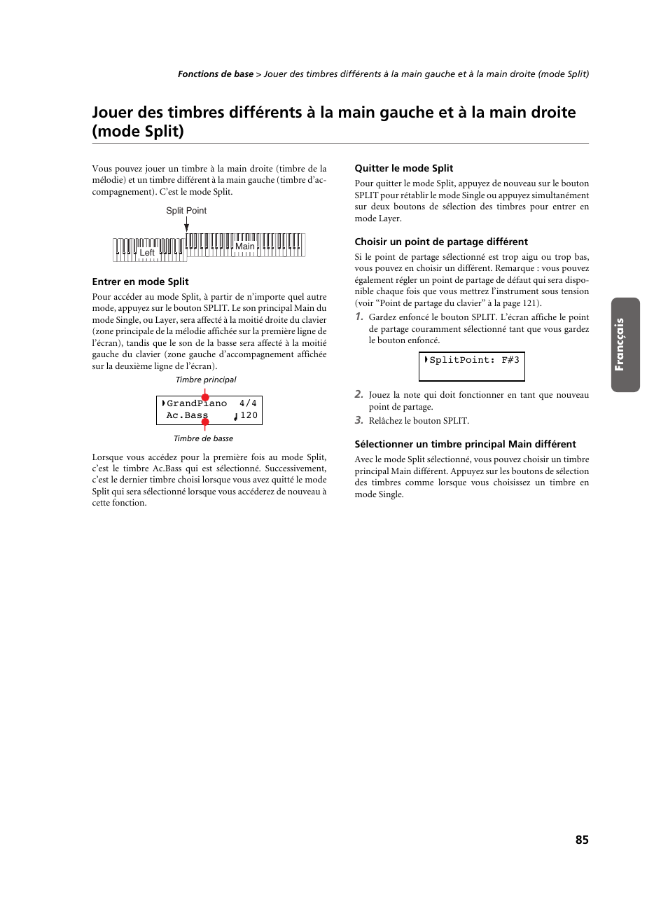 Entrer en mode split, Quitter le mode split, Choisir un point de partage différent | Sélectionner un timbre principal main différent | KORG C-520 User Manual | Page 87 / 298