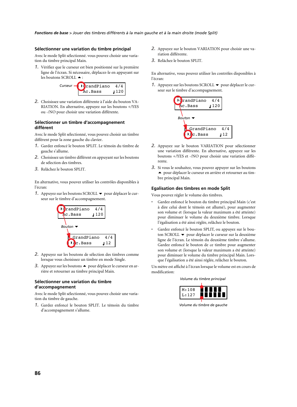 Sélectionner une variation du timbre principal, Sélectionner un timbre d’accompagnement différent, Egalisation des timbres en mode split | KORG C-520 User Manual | Page 88 / 298
