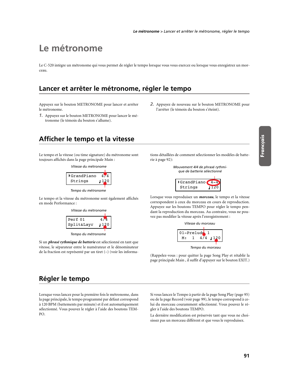 Le métronome, Lancer et arrêter le métronome, régler le tempo, Afficher le tempo et la vitesse | Régler le tempo | KORG C-520 User Manual | Page 93 / 298