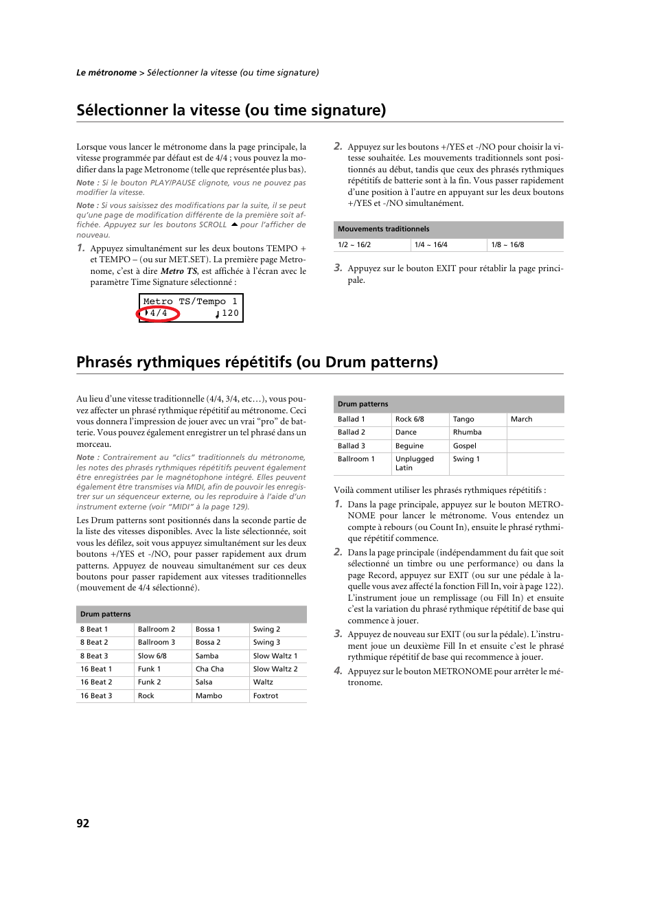 Sélectionner la vitesse (ou time signature), Phrasés rythmiques répétitifs (ou drum patterns) | KORG C-520 User Manual | Page 94 / 298