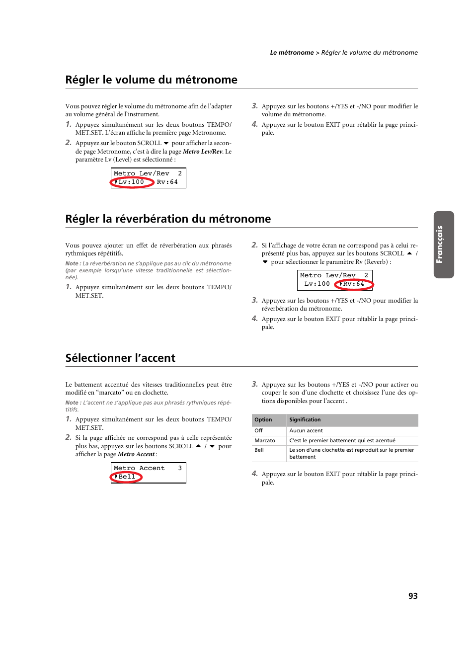 Régler le volume du métronome, Régler la réverbération du métronome, Sélectionner l’accent | KORG C-520 User Manual | Page 95 / 298